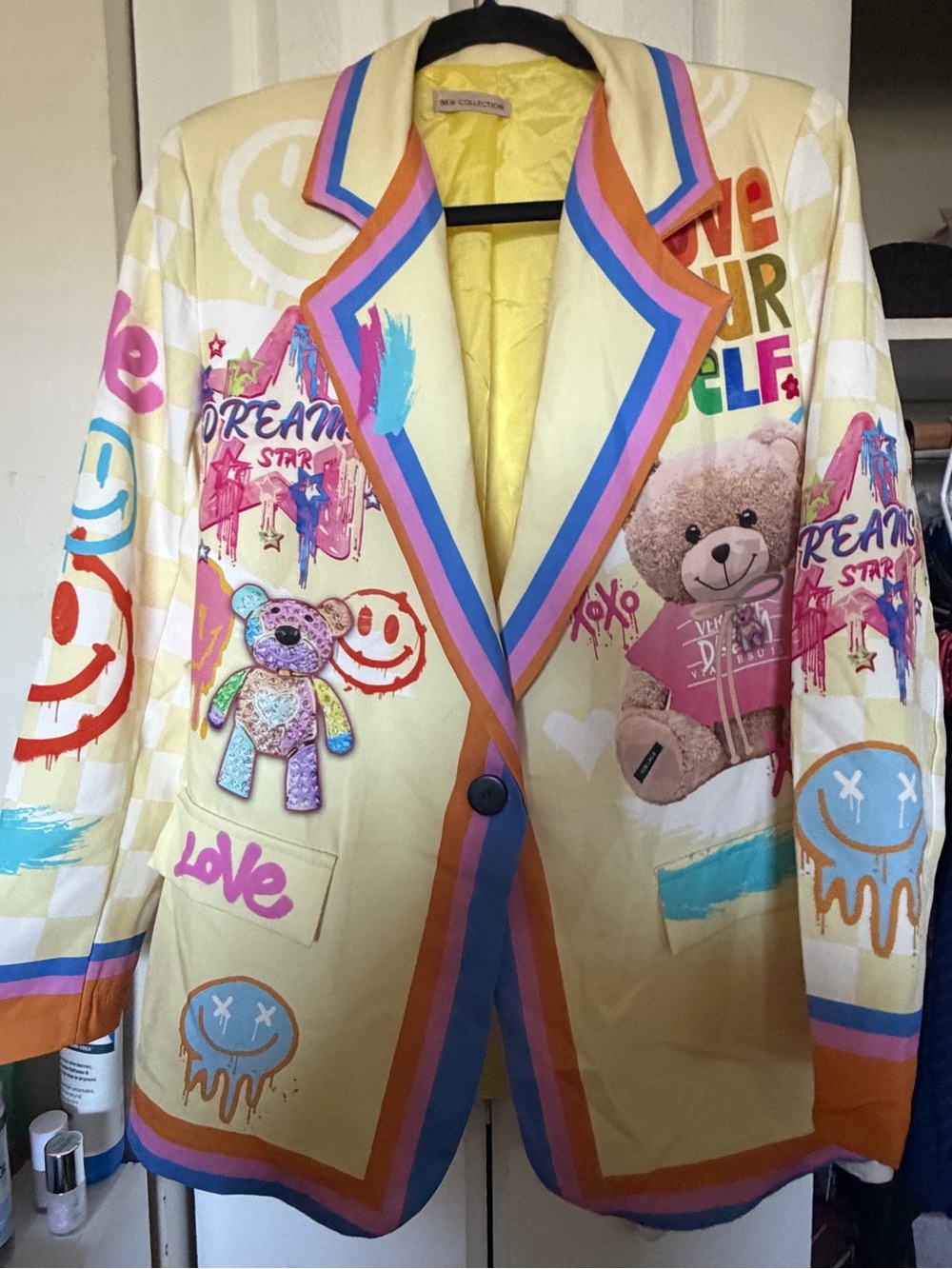 Yellow Graphic Teddy Blazer Jacket by New Collection